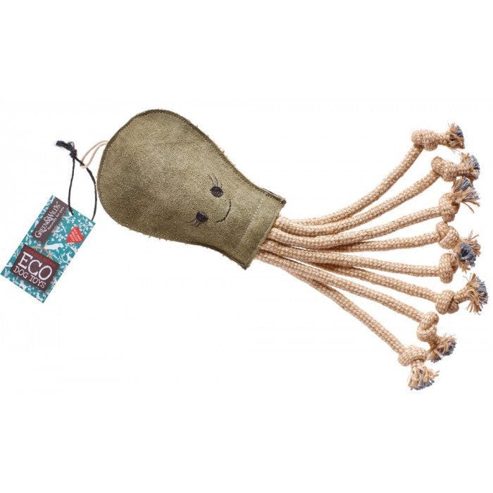 Eco-Friendly Olive the Octopus, XL Natural Leather Dog Toy - Green and Wilds. NEW COLLECTION